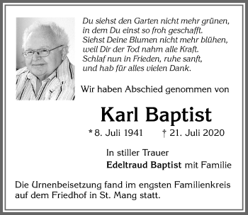 Traueranzeige von Karl Baptist von Allgäuer Zeitung,Kempten