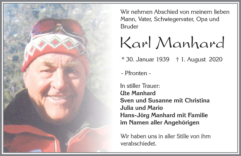  Traueranzeige für Karl Manhard vom 17.08.2020 aus Allgäuer Zeitung, Füssen