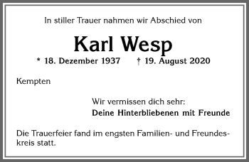 Traueranzeige von Karl Wesp von Allgäuer Zeitung,Kempten