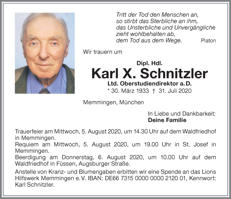  Traueranzeige für Karl X. Schnitzler vom 04.08.2020 aus Memminger Zeitung