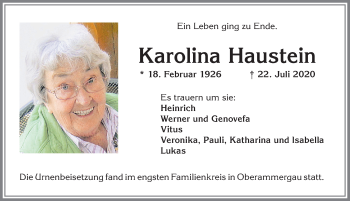 Traueranzeige von Karolina Haustein von Allgäuer Zeitung, Kaufbeuren/Buchloe
