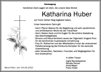 Traueranzeige von Katharina Huber von Der Westallgäuer