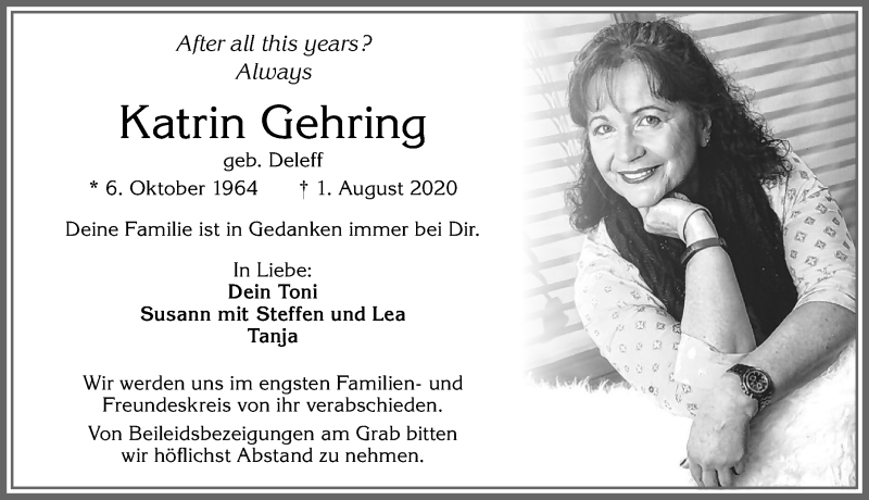  Traueranzeige für Katrin Gehring vom 12.08.2020 aus Allgäuer Anzeigeblatt