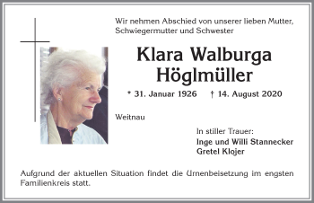 Traueranzeige von Klara Walburga Höglmüller von Allgäuer Zeitung,Kempten