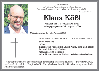 Traueranzeige von Klaus Kößl von Allgäuer Zeitung, Marktoberdorf