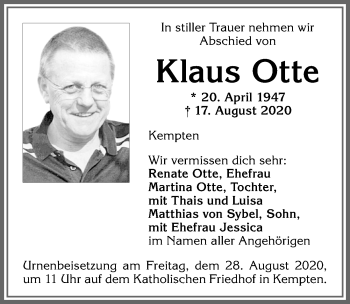 Traueranzeige von Klaus Otte von Allgäuer Zeitung,Kempten