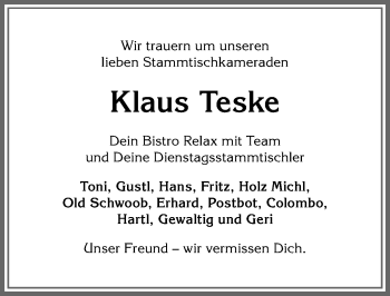 Traueranzeige von Klaus Teske von Allgäuer Anzeigeblatt