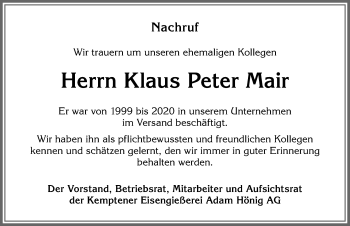 Traueranzeige von Klaus Peter Mair von Allgäuer Zeitung,Kempten