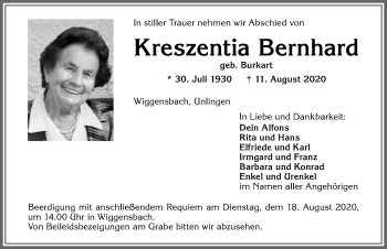 Traueranzeige von Kreszentia Bernhard von Allgäuer Zeitung,Kempten