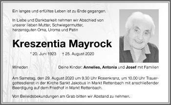 Traueranzeige von Kreszentia Mayrock von Memminger Zeitung