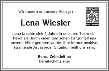 Traueranzeige von Lena Wiesler von Allgäuer Anzeigeblatt