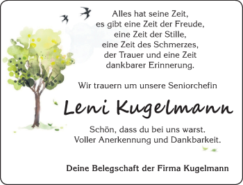 Traueranzeige von Leni Kugelmann von Allgäuer Zeitung, Marktoberdorf