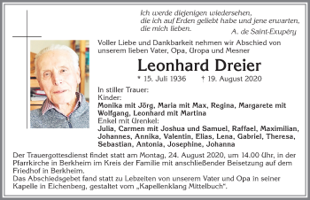 Traueranzeige von Leonhard Dreier von Memminger Zeitung