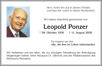 Traueranzeige von Leopold Ponzer von Allgäuer Zeitung,Kempten
