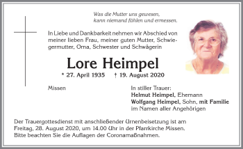 Traueranzeige von Lore Heimpel von Allgäuer Anzeigeblatt