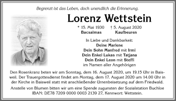 Traueranzeige von Lorenz Wettstein von Allgäuer Zeitung, Kaufbeuren/Buchloe