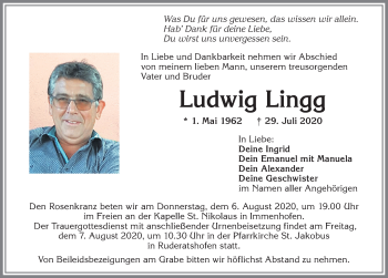 Traueranzeige von Ludwig Lingg von Allgäuer Zeitung, Marktoberdorf