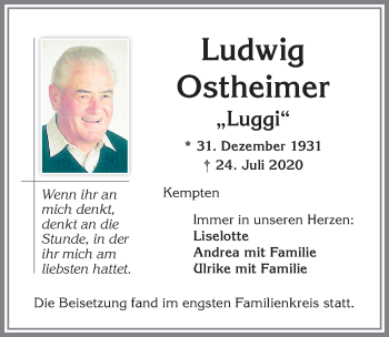 Traueranzeige von Ludwig Ostheimer von Allgäuer Zeitung,Kempten