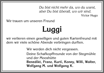 Traueranzeige von Luggi  von Allgäuer Zeitung, Marktoberdorf