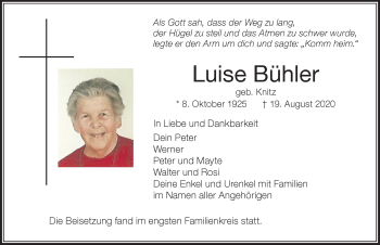 Traueranzeige von Luise Bühler von Der Westallgäuer