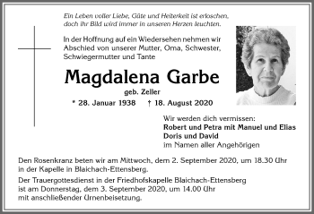 Traueranzeige von Magdalena Garbe von Allgäuer Anzeigeblatt