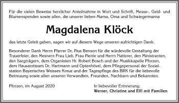 Traueranzeige von Magdalena Klöck von Allgäuer Zeitung, Kaufbeuren/Buchloe