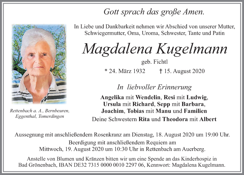  Traueranzeige für Magdalena Kugelmann vom 18.08.2020 aus Allgäuer Zeitung, Marktoberdorf
