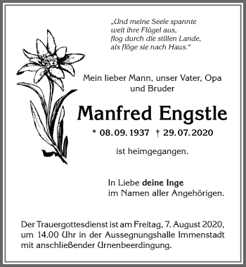 Traueranzeige von Manfred Engstle von Allgäuer Anzeigeblatt