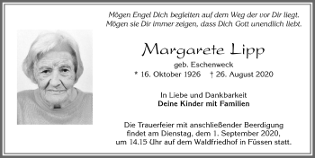 Traueranzeige von Margarete Lipp von Allgäuer Zeitung, Füssen