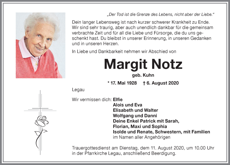  Traueranzeige für Margit Notz vom 10.08.2020 aus Memminger Zeitung