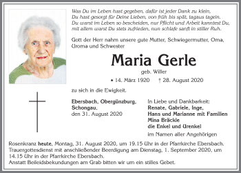 Traueranzeige von Maria Gerle von Allgäuer Zeitung, Marktoberdorf