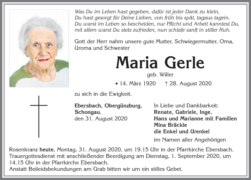  Traueranzeige für Maria Gerle vom 31.08.2020 aus Allgäuer Zeitung, Marktoberdorf