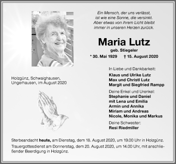 Traueranzeige von Maria Lutz von Memminger Zeitung