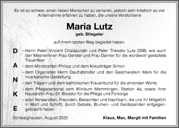 Traueranzeige von Maria Lutz von Memminger Zeitung