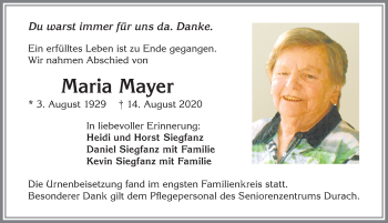 Traueranzeige von Maria Mayer von Allgäuer Zeitung,Kempten