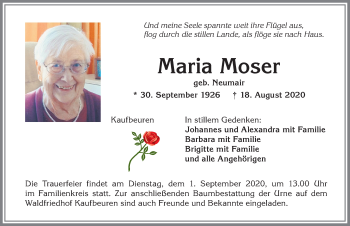 Traueranzeige von Maria Moser von Allgäuer Zeitung, Kaufbeuren/Buchloe