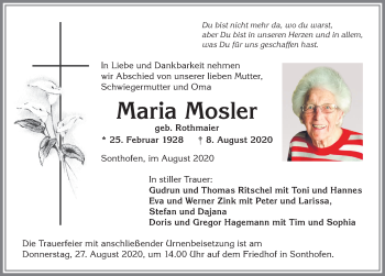 Traueranzeige von Maria Mosler von Allgäuer Anzeigeblatt