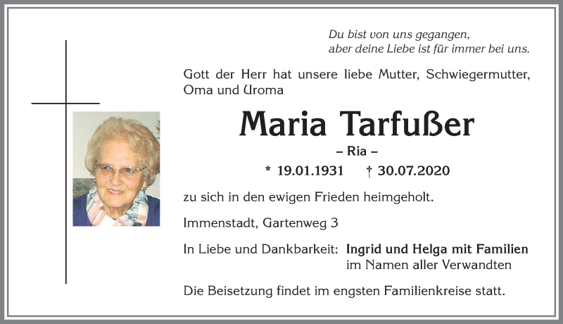  Traueranzeige für Maria Tarfußer vom 08.08.2020 aus Allgäuer Anzeigeblatt