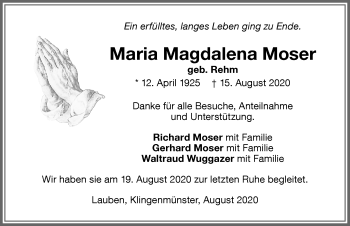 Traueranzeige von Maria Magdalena Moser von Memminger Zeitung