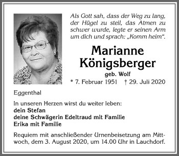 Traueranzeige von Marianne Königsberger von Allgäuer Zeitung, Kaufbeuren/Buchloe