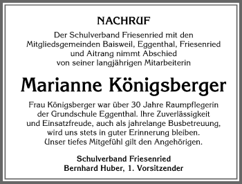 Traueranzeige von Marianne Königsberger von Allgäuer Zeitung