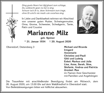 Traueranzeige von Marianne Milz von Allgäuer Anzeigeblatt