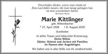 Traueranzeige von Marie Kittlinger von Allgäuer Anzeigeblatt