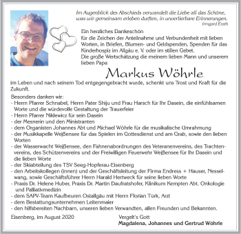 Traueranzeige von Markus Wöhrle von Allgäuer Zeitung, Füssen