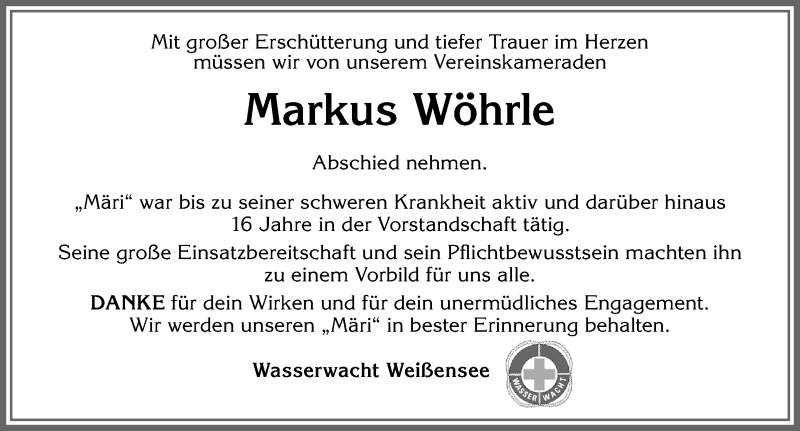  Traueranzeige für Markus Wöhrle vom 01.08.2020 aus Allgäuer Zeitung, Füssen