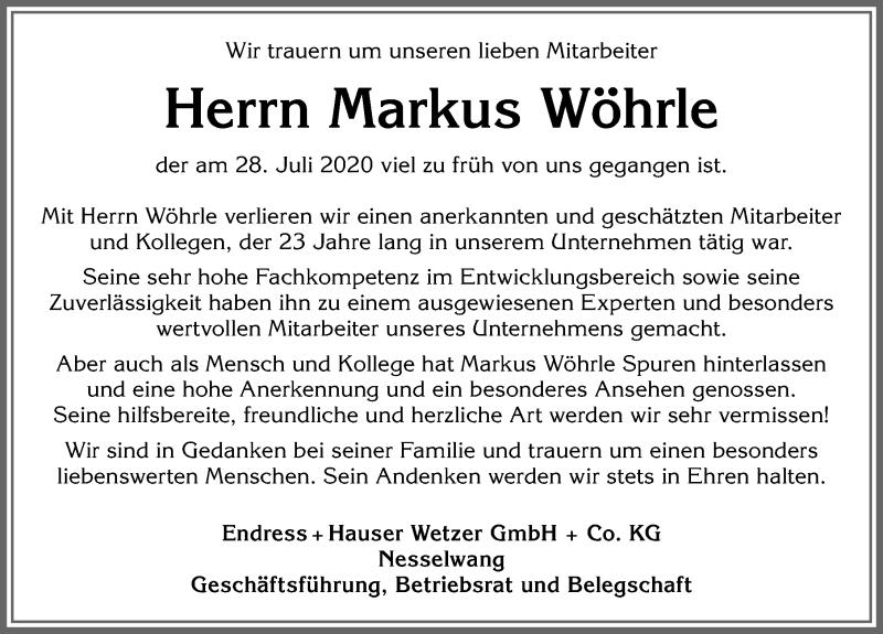  Traueranzeige für Markus Wöhrle vom 01.08.2020 aus Allgäuer Zeitung, Füssen