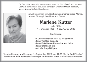 Traueranzeige von Marlene Kutter von Allgäuer Zeitung, Kaufbeuren/Buchloe
