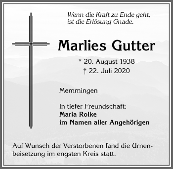 Traueranzeige von Marlies Gutter von Memminger Zeitung