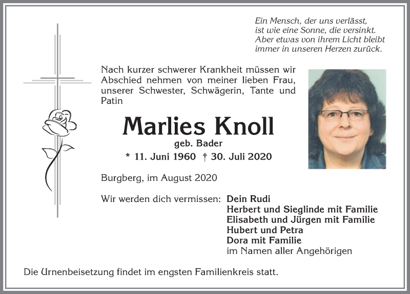  Traueranzeige für Marlies Knoll vom 06.08.2020 aus Allgäuer Anzeigeblatt
