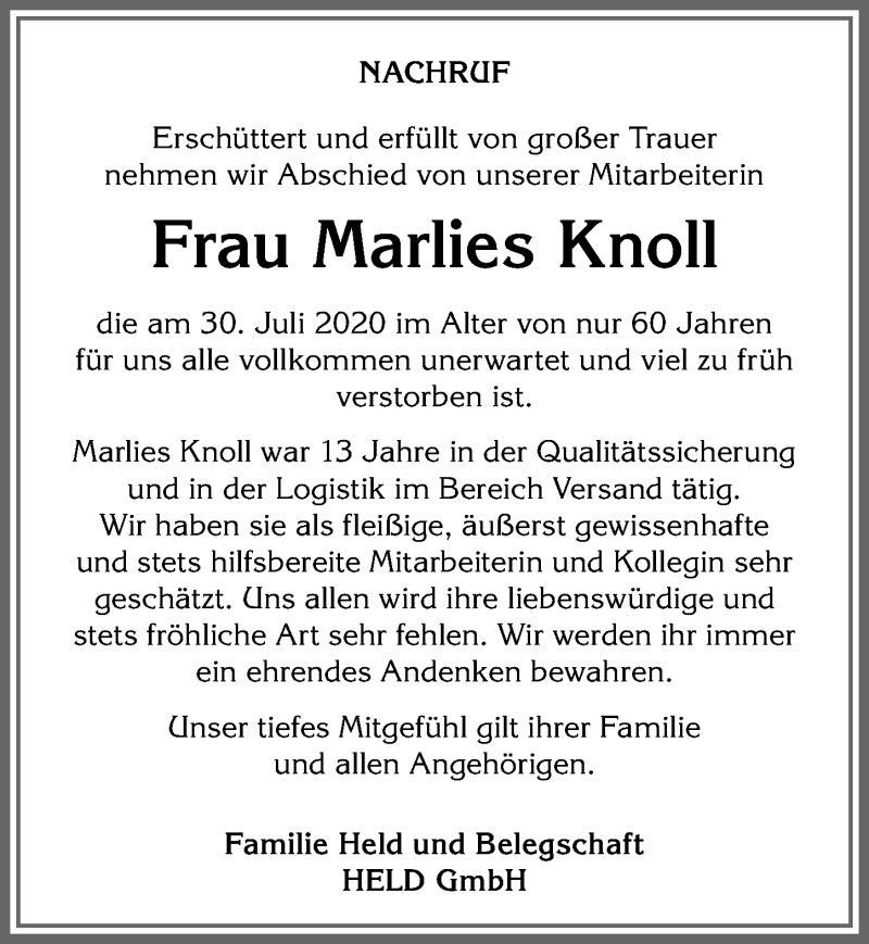  Traueranzeige für Marlies Knoll vom 06.08.2020 aus Allgäuer Anzeigeblatt
